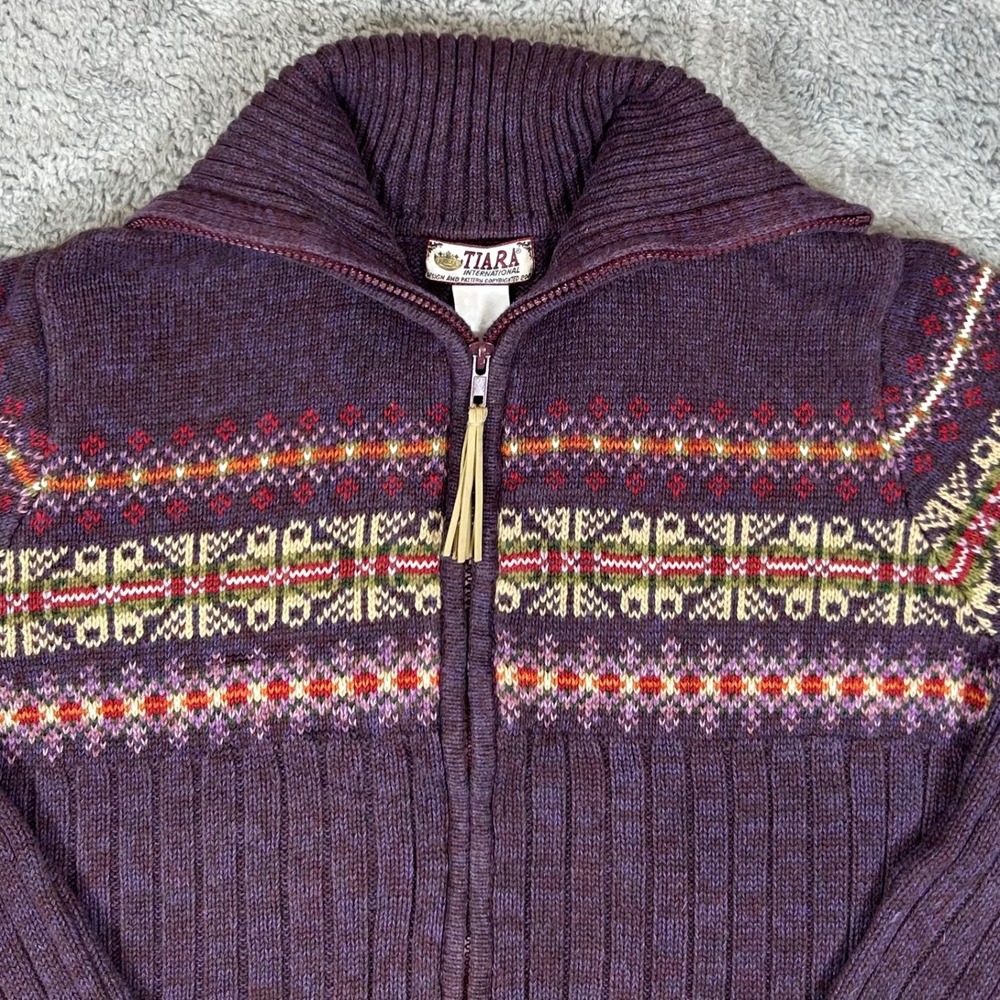 Tiara International Purple Fair Isle Full Zip Cardigan Sweater Womens Small